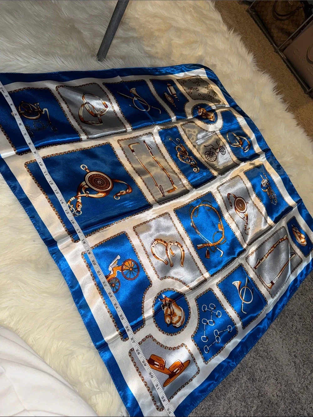Blue and White Equestrian Print Silk Scarf